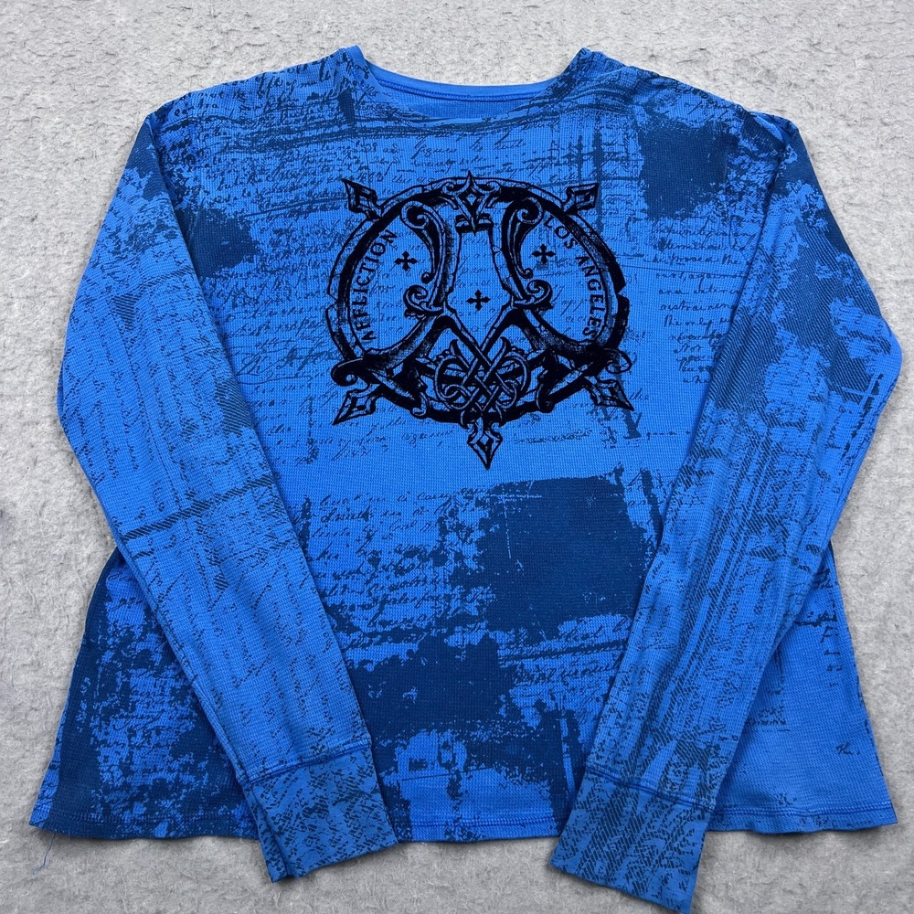 Affliction Thermal Shirt Mens XL Blue Grunge‎ Wings Y2K Long Sleeve USA Made